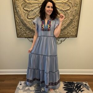 Laia Embroidered Maxi Dress XS Blue Striped Tiered Boho Festival Casual